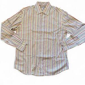 Bugatchi Men's Striped Long Sleeve Button Down Dress Shirt (Red Green Blue) NWOT